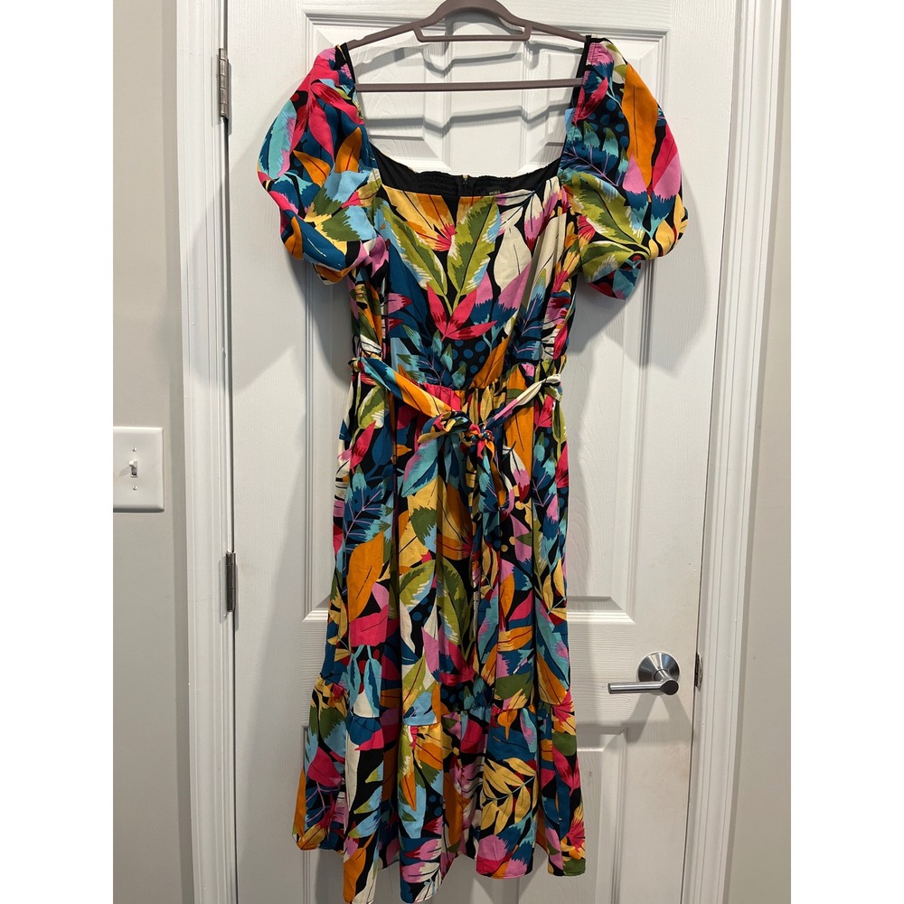 Maia Tropical Leaf Print Midi Dress Size 14W Puff Sleeve Smocked Back Belted